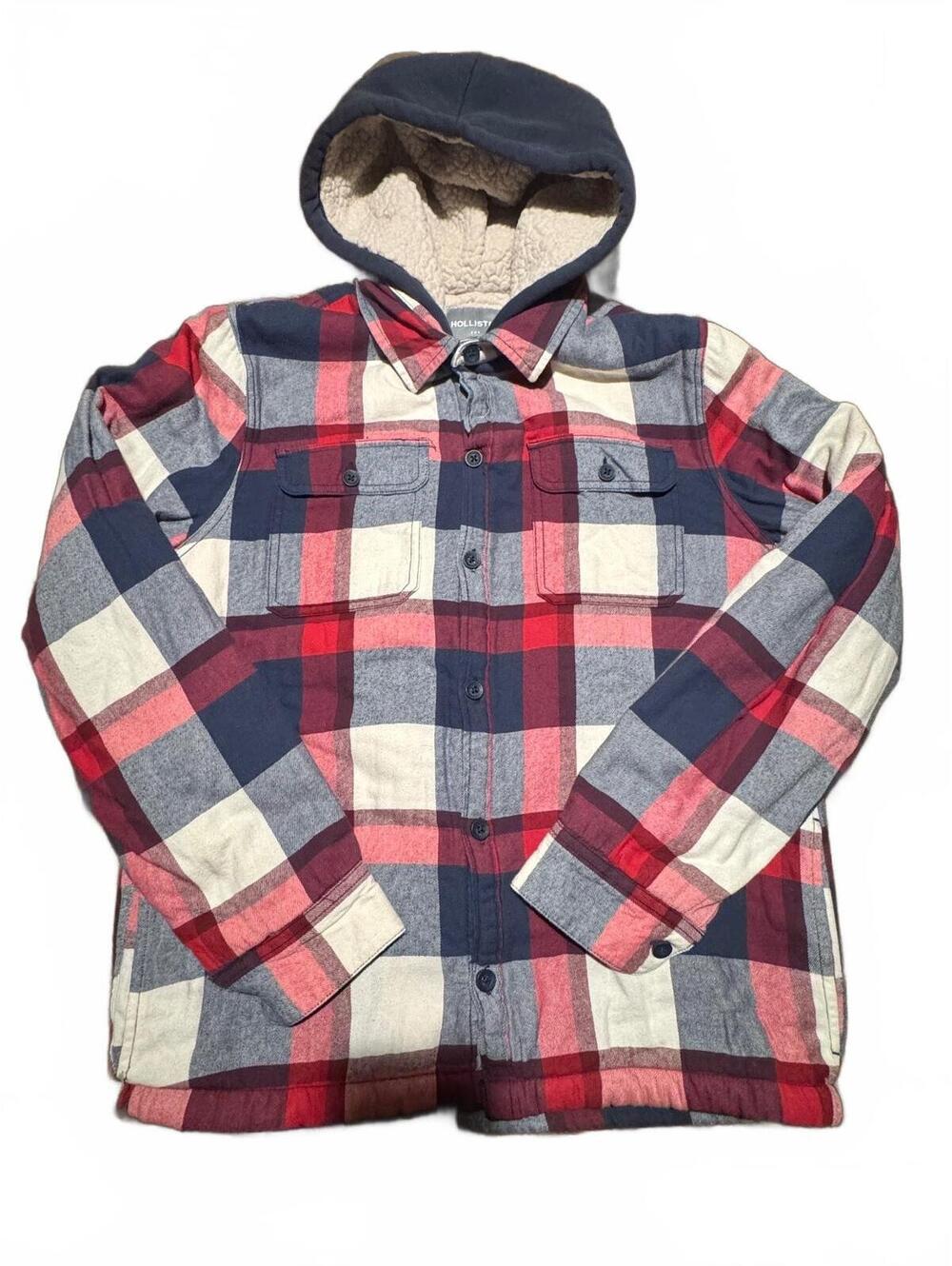 hooded flannel shirt jacket, Hollister sherpa-lined plaid